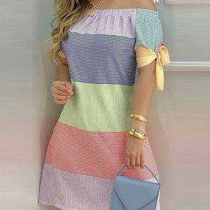 Women’s Striped Print Color-Block Off-Shoulder Casual Dress, Multi-Color, Small.